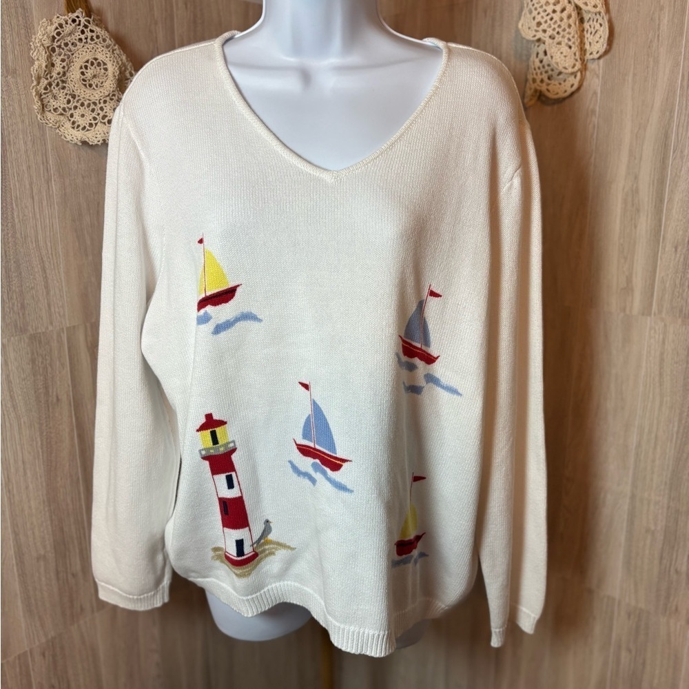 Appleseed's Cream V-Neck Sweater with Nautical Design Sailboats